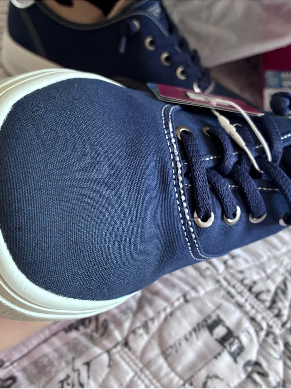 Skechers Women's Shoe Box in White and Navy Blue with silver accent. - Picture 6 of 7